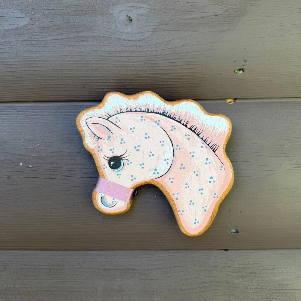 Vtg Hand Painted Wooden Horse Head Wall Plaque Pink Blue Polka Dot Pony Decor